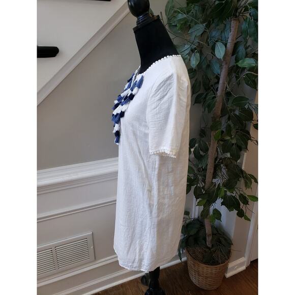 Fashion Port Shift Dress Women Medium White Contrast Tassel V Neck Short Sleeve - Picture 13 of 13